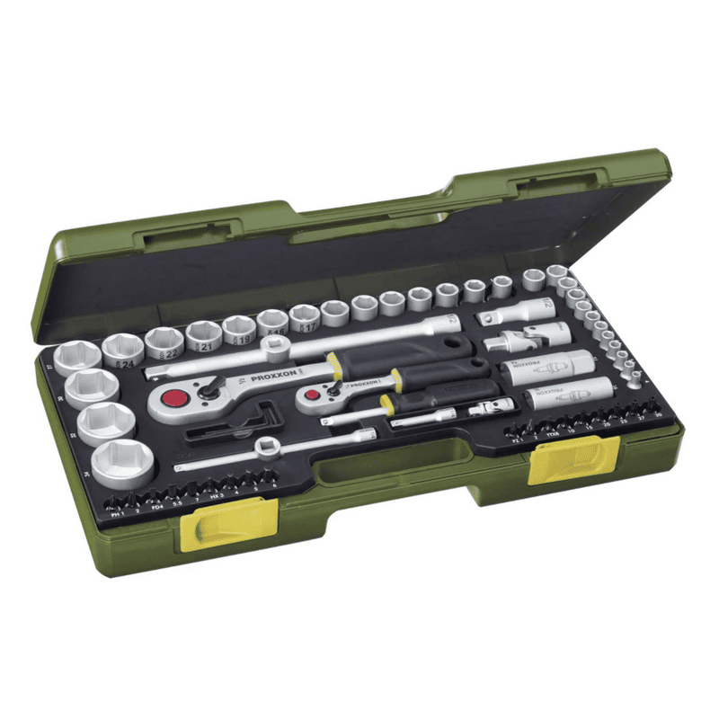 Proxxon Jeu de clés à douilles avec cliquet 1/4" + 1/2", 65 pièces