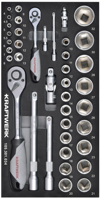 KRAFTWERK BASIC LINE EVA Steckschlüssel-Einlage 1/4" + 1/2", 200 x 400 mm, 40-teilig