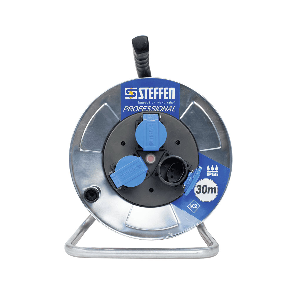 Steffen Metall-Kabelrolle PROFESSIONAL, 3 x T13, PUR, 10 A, Thermoschutz, IP55, silber, diverse Ausführungen