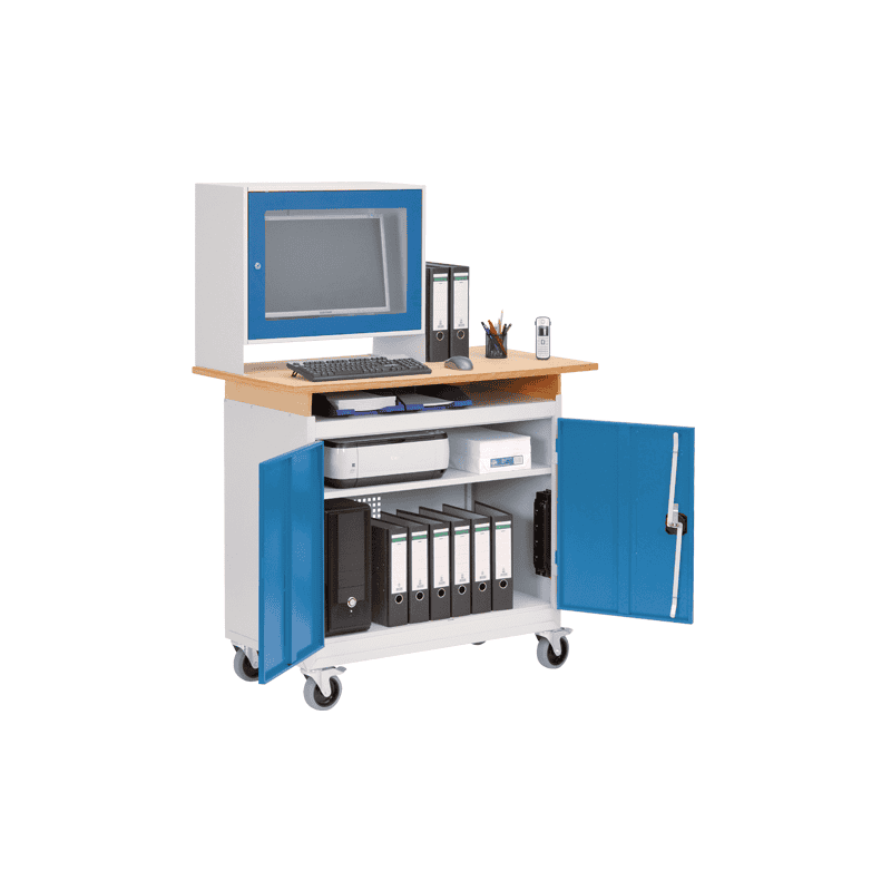 Bedrunka+Hirth Mobiler Computerschrank mit Holzauflage und Monitoraufsatzgehäuse für 24" Monitor, 1200 x 600 x 1660 mm