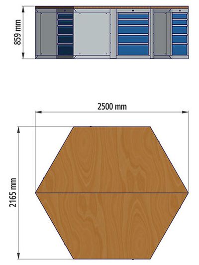 Bedrunka+Hirth 6-Eck-Werkbank mit 6 x Schubladenschränke je 2 Schubladen, 1 Flügeltüre, BxTxH 2500 x 2165 x 859 mm