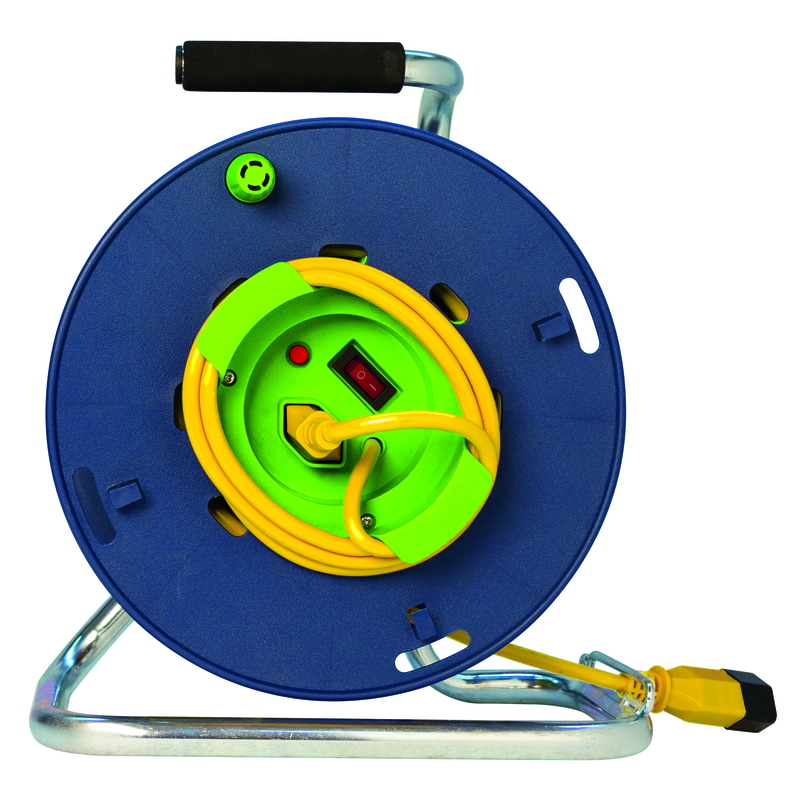 Steffen Kunststoff-Gerätekabelrolle LOOP, 1 + 1 x T13, Td 3×1 mm², Thermoschutz, IP20, blau/grün, Kabellänge 40 m