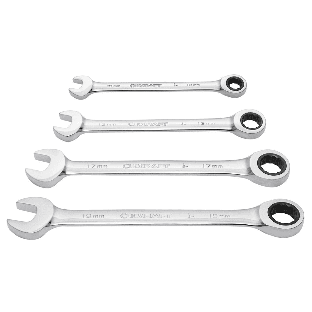 KRAFTWERK Clickraft GearWrench Satz 10–13–17–19 mm aus Chrom-Vanadium, 4-teilig, 72-Zahn-Ratschenmechanismus
