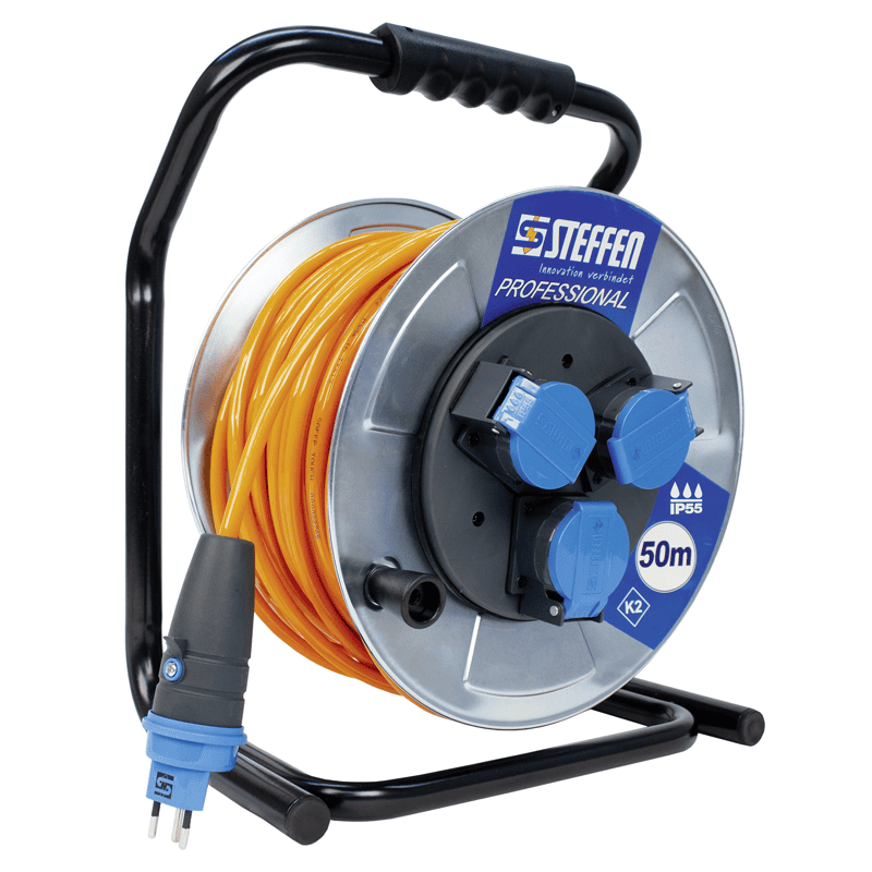 Steffen Metall-Kabelrolle PROFESSIONAL, 3 x T13, PUR, 10 A, Thermoschutz, IP55, silber, diverse Ausführungen