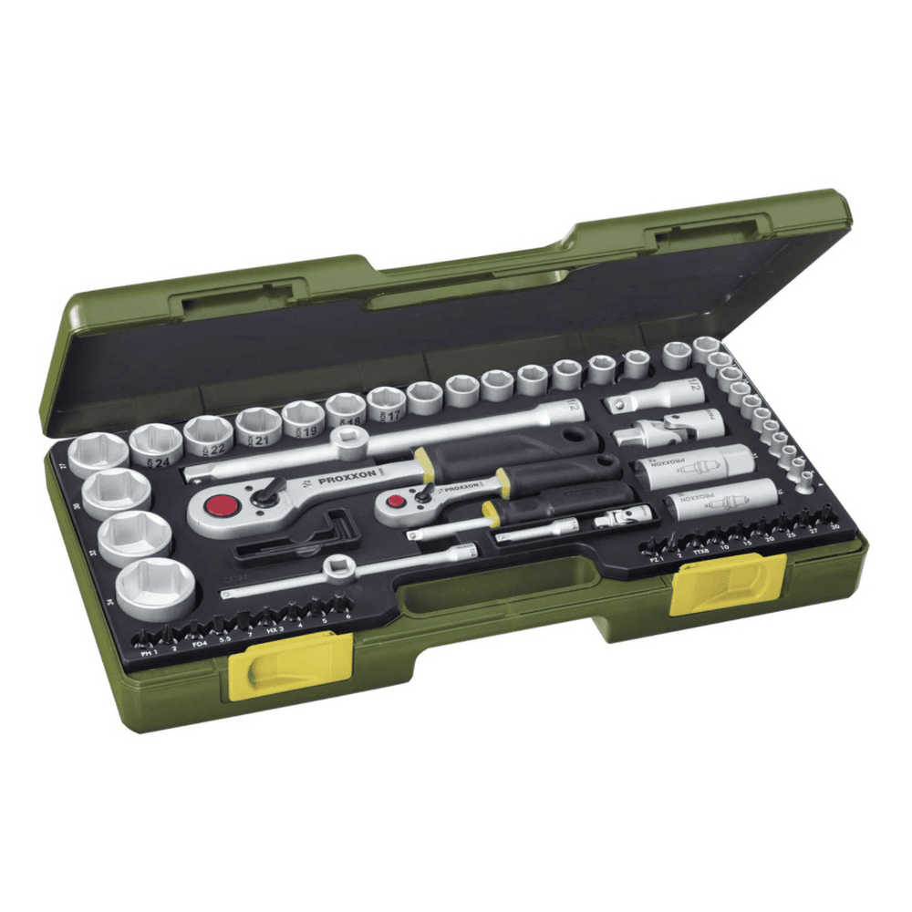 Proxxon Jeu de clés à douilles avec cliquet 1/4" + 1/2", 65 pièces