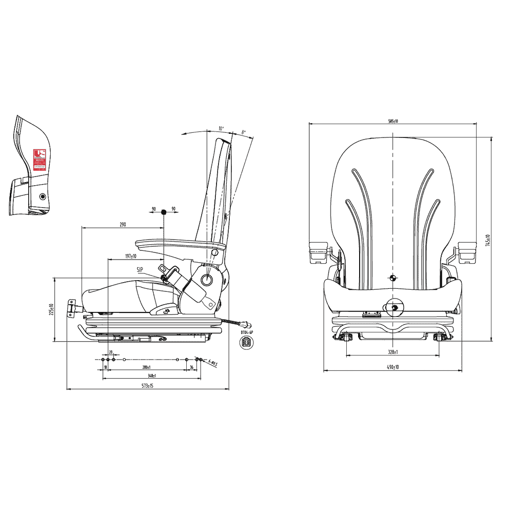 Siège MGV55 PVC avec interrupteur de contact, pour chariots élévateurs et engins de chantier