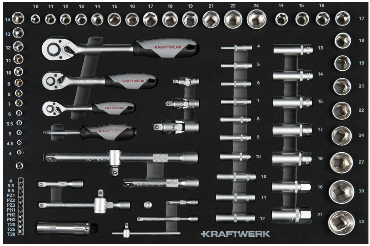 KRAFTWERK BASIC LINE EVA Steckschlüssel-Einlage 1/4" + 3/8" + 1/2", LxB 600 x 400 mm, 86-teilig