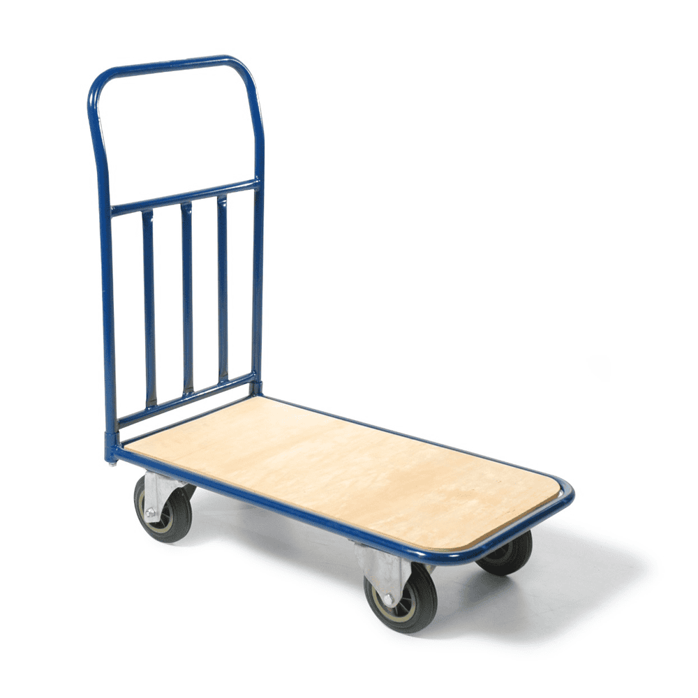 Plattformwagen aus Stahl mit Ladefläche aus Holz 