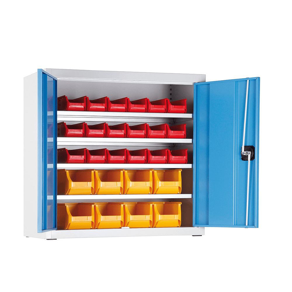 Niedriger Magazinschrank mit 26 Sichtlagerkästen
