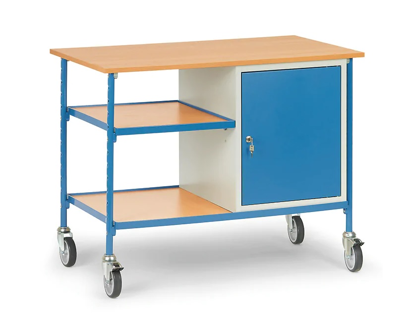 Rolltisch mit 2 Böden aus Holz und 1 Stahlschrank
