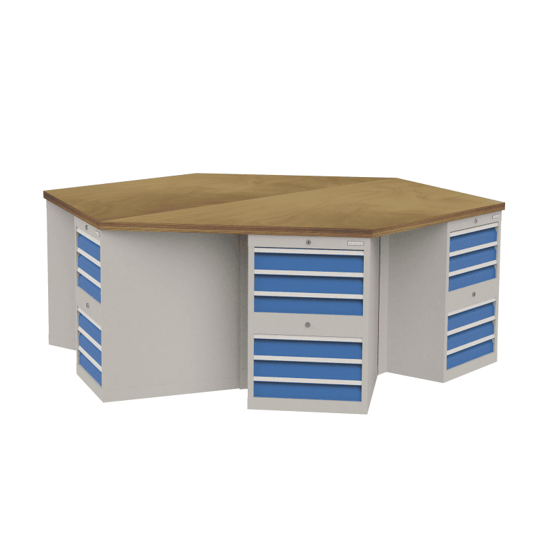 Bedrunka+Hirth 6-Eck-Werkbank mit 6 Schubladenschrank, BxTxH 2500 x 2165 x 859 mm 
