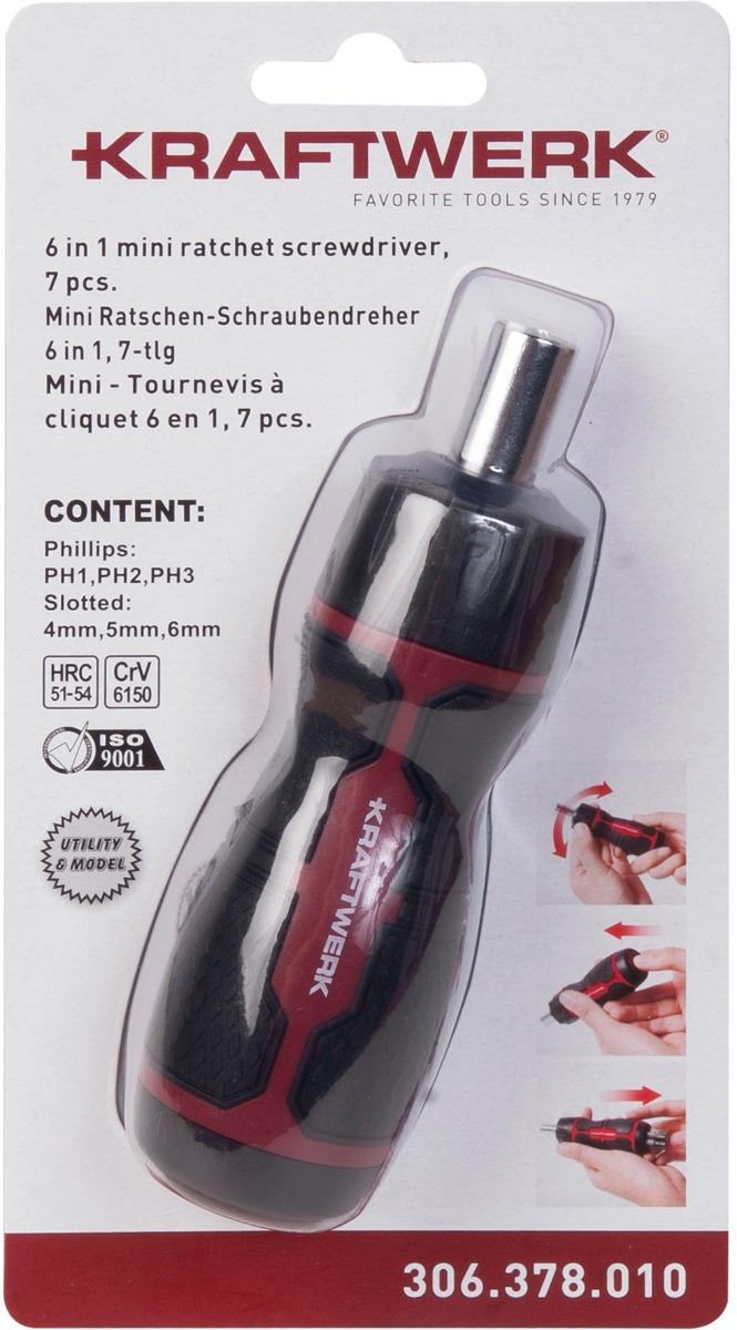 KRAFTWERK Mini-Ratschen-Schraubendreher 6-in-1, 7-teilig mit integriertem Bit-Sortiment