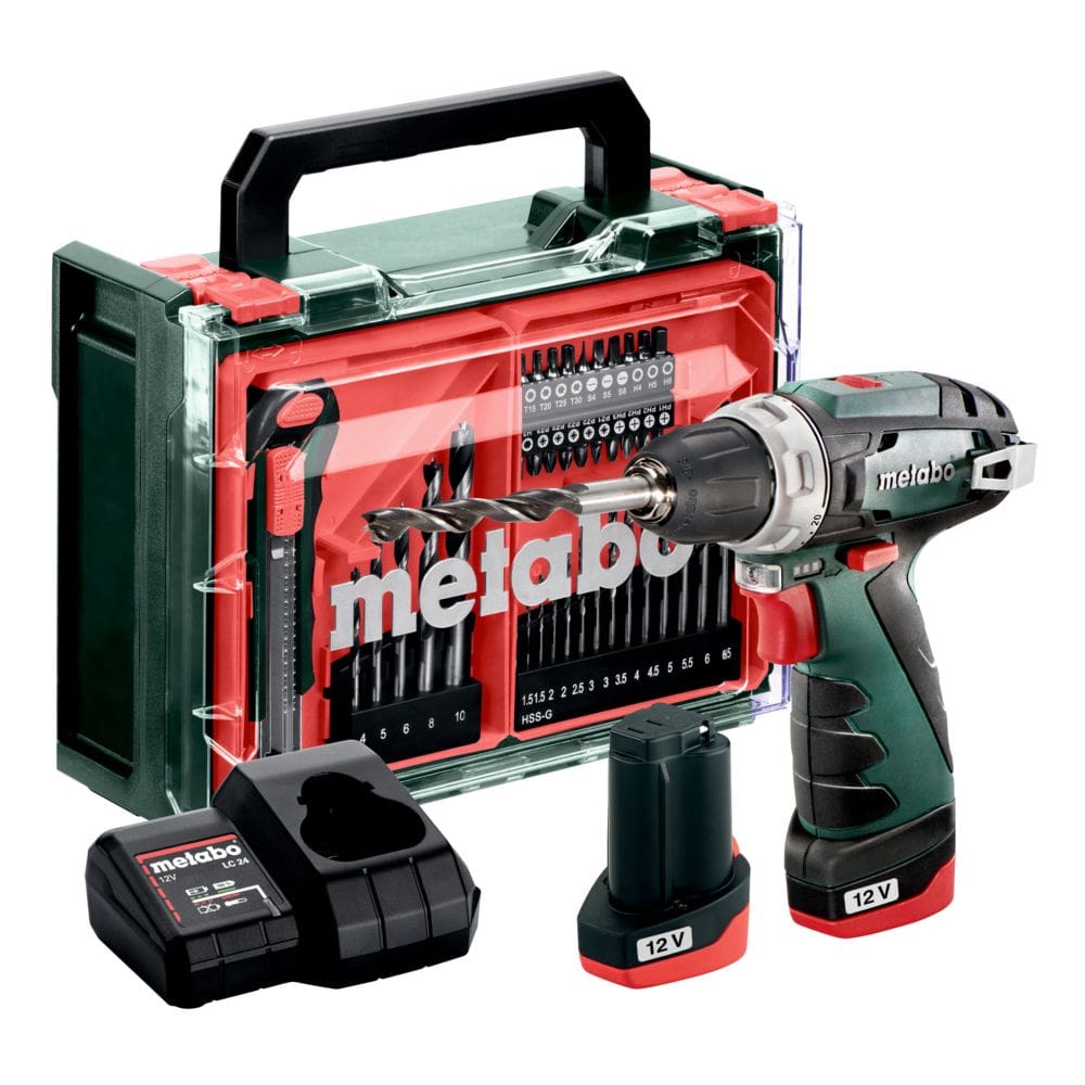 Metabo Akku-Bohrschrauber PowerMaxx BS Basic Set 12 V mit 2x Li-Power Akkus (12 V / 2.0 Ah), Ladegerät LC 24 und mobiler Werkstatt