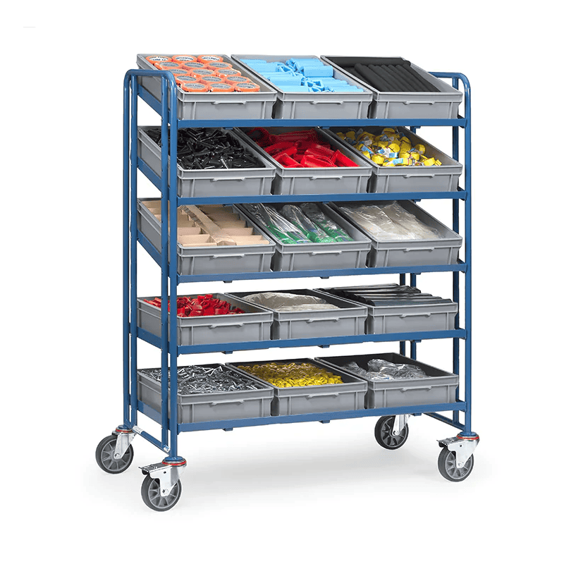 Eurokastenwagen, 1372 x 685 x 1686 mm, Tragkraft 400 kg, mit 15 Kunststoffkästen 600 x 400 x 145 mm