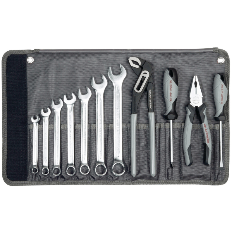 KRAFTWERK BASIC LINE Werkzeugtasche, 11-teilig, mit Ring-Maulschlüsseln, Schraubendrehern und Zangen