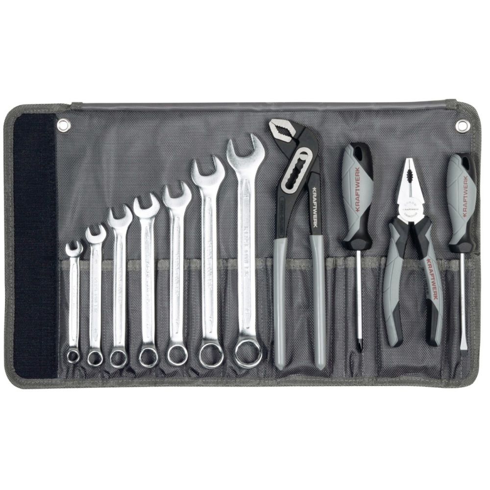 KRAFTWERK BASIC LINE Werkzeugtasche, 11-teilig, mit Ring-Maulschlüsseln, Schraubendrehern und Zangen