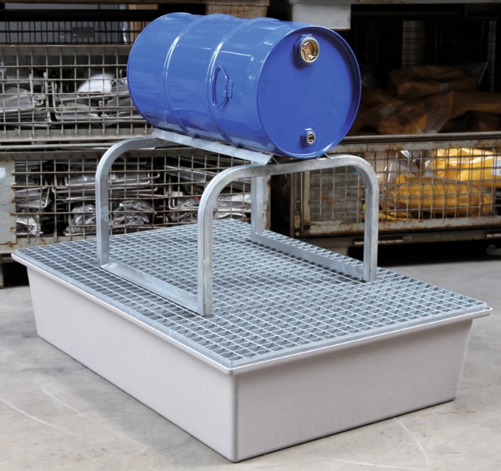 Supports galvanisés pour fûts de 60 l et 200 l, adaptés aux bacs de rétention en PRV, PE et acier