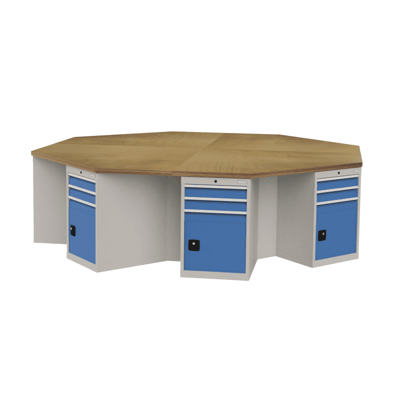 Bedrunka+Hirth 8-Eck-Werkbank, Tiefe 736, R 18-24, Schubladenanzahl je Schrank 2, BxTxH 3020 x 3020 x 859 mm