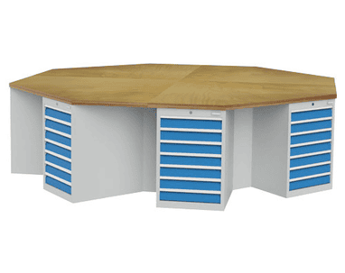 Bedrunka+Hirth 8-Eck-Werkbank, R 18-24, Schubladenanzahl je Schrank 7, BxTxH 3020 x 3020 x 859 mm