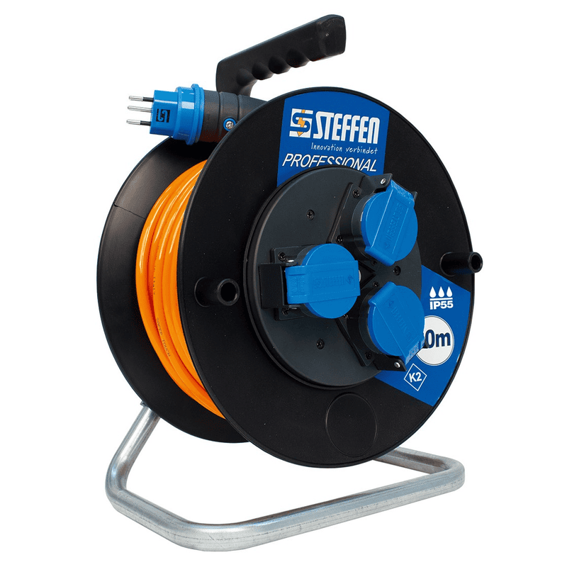 Steffen Kunststoff-Kabelrolle PROFESSIONAL, 3 Steckdosen, PUR 3×1.5 mm², Thermoschutz, IP55, schwarz, 30 m, div. Ausführungen