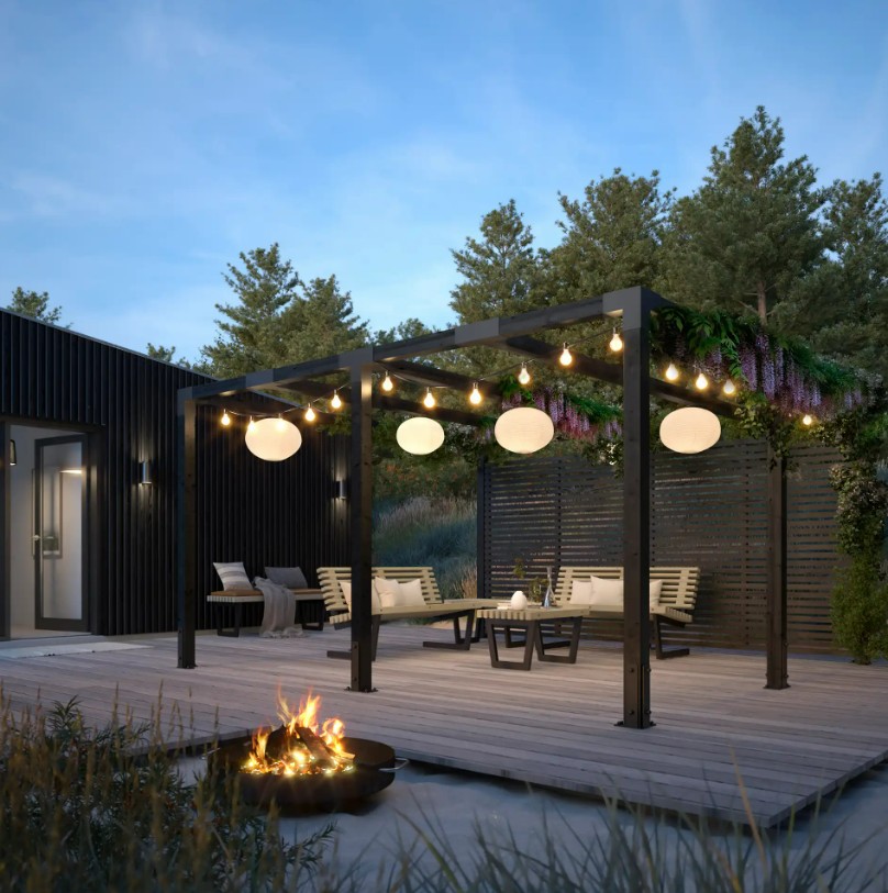 PLUS Pergola Cubic avec clôture Tokyo, noir RAL 9005, L x P x H 3870 x 3870 x 2170 mm