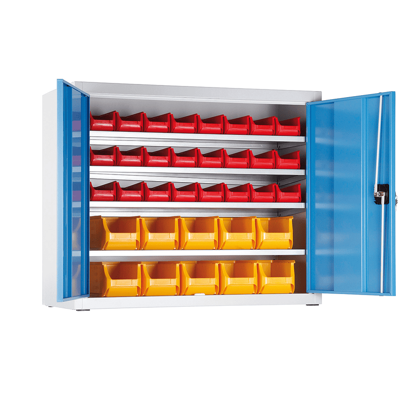 Niedriger Magazinschrank mit 34 Sichtlagerkästen