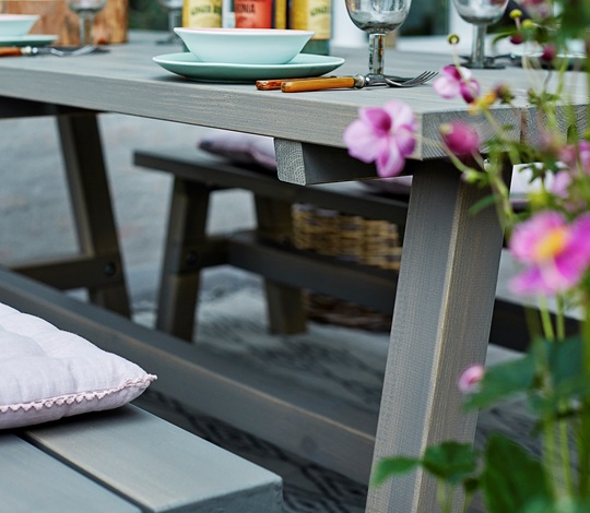 Country table et banc de jardin, trois coleurs, 1770 x 1810 x 760 / 450 mm