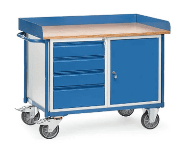Fetra Chariot d'atelier avec plans de travail, capacité 400 kg, 1 armoire et 4 tiroirs, 1220 x 650 x 960 mm