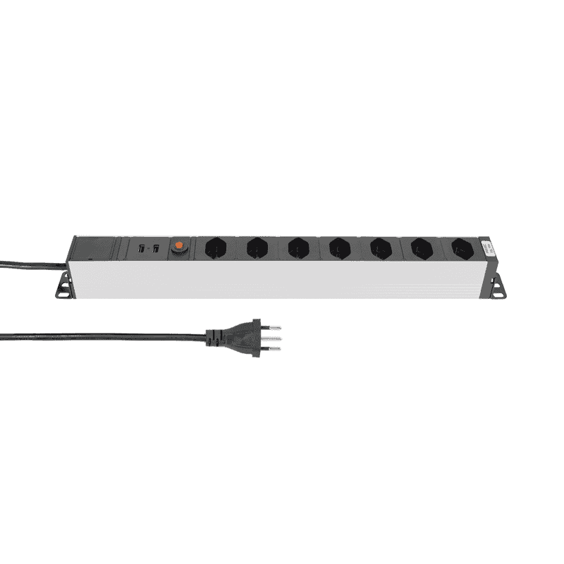 Steffen Multiprise ALU MODULAR SILVER, 7 x T13 et 2 x USB-A, 10 A, IP20, câble de 3 m, argent/noir
