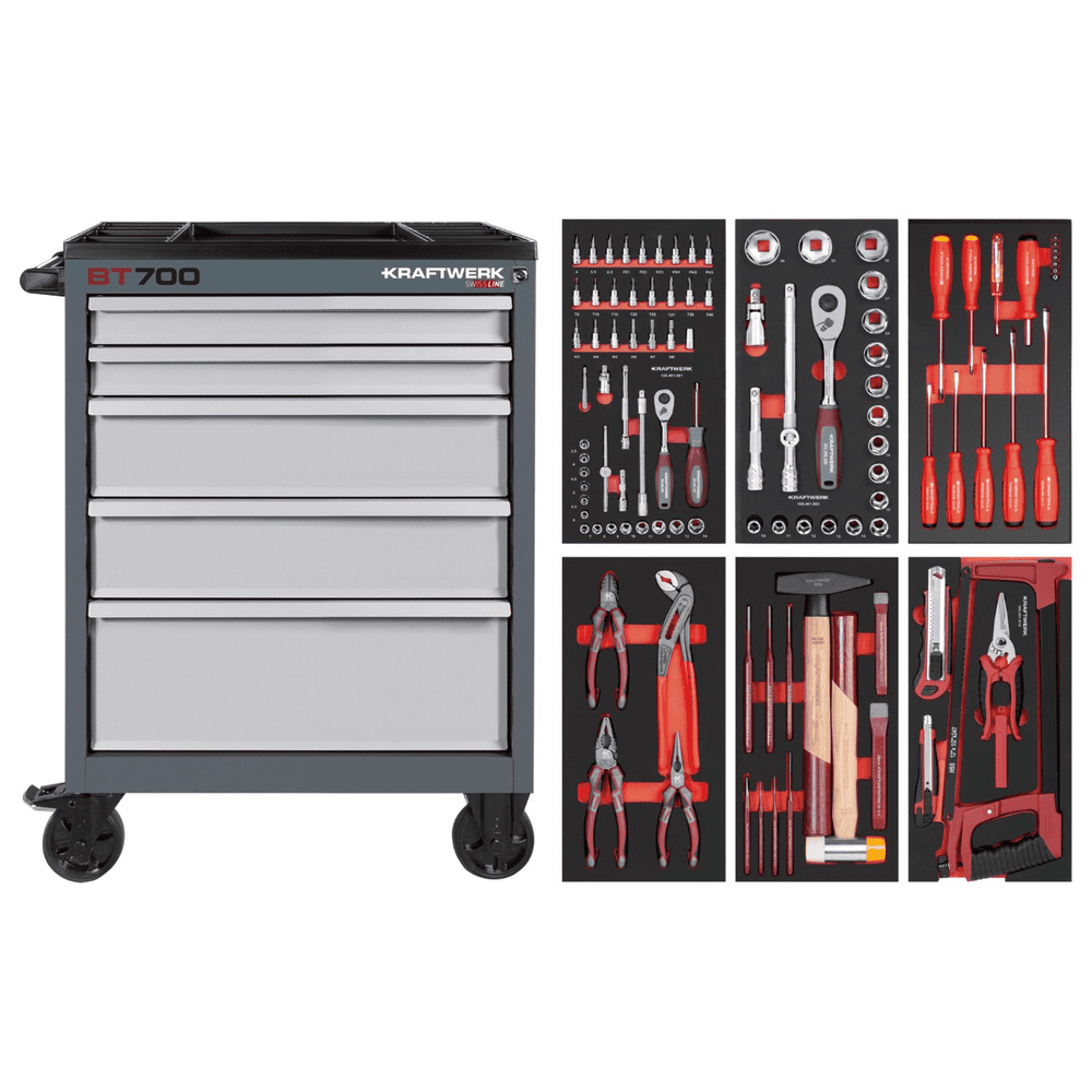 KRAFTWERK Werkstattwagen BT700 5 Schubladen Swiss Line, inkl. Werkzeug, 121-teilig, BxTxH 719 x 474 x 1000 mm