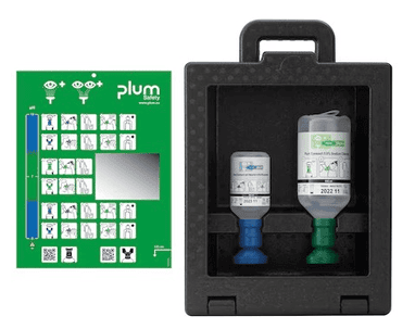 Station murale de rinçage oculaire d'urgence Plum 4921, avec 200 ml de solution pH neutre et 500 ml de solution de rinçage oculaire