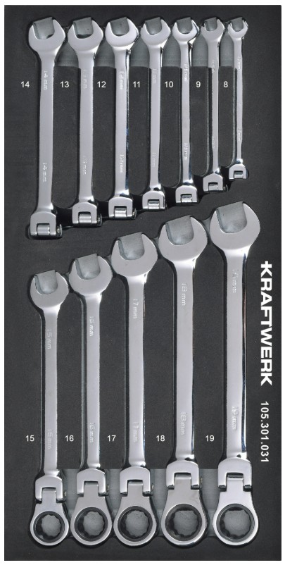 KRAFTWERK BASIC LINE EVA Gelenk-Ratschen-Ringgabelschlüssel-Einlage, 200 x 400 mm, 12-teilig