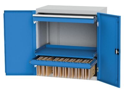 Bedrunka+Hirth Armoire d'atelier à portes battantes, R 36-16, avec 1 x tiroir, 1 x étagère coulissante, 1 x cadre pour dossiers suspendus, 980 x 500 x 1019 mm
