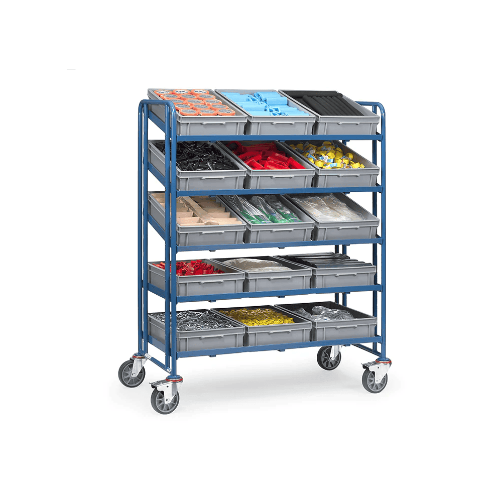 Eurokastenwagen, 1372 x 685 x 1686 mm, Tragkraft 400 kg, mit 15 Kunststoffkästen 600 x 400 x 145 mm
